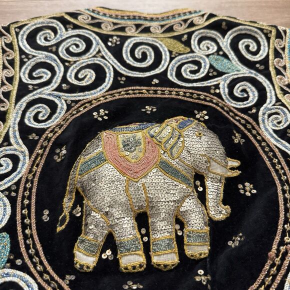 Vintage Carol Horn Workshop Beaded Elephant Vest Black Velvet M-L Festival Boho - Picture 6 of 11